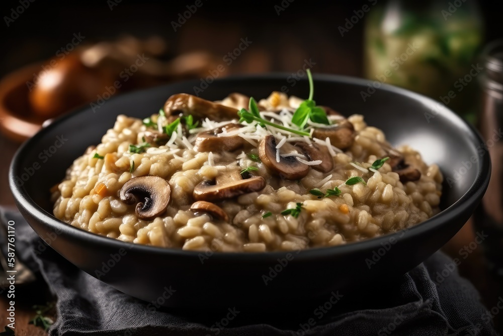 Bowl Of Barley And Mushroom Risotto. Generative AI Bowl Of Barley And Mushroom Risotto. Generative AI