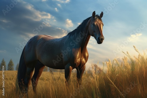 A Majestic Horse Grazing In A Green Meadow Under A Bright Blue Sky. Generative AI