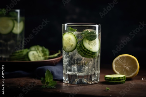 Cold Glass Of Water Infused With Lemon And Cucumber. Generative AI