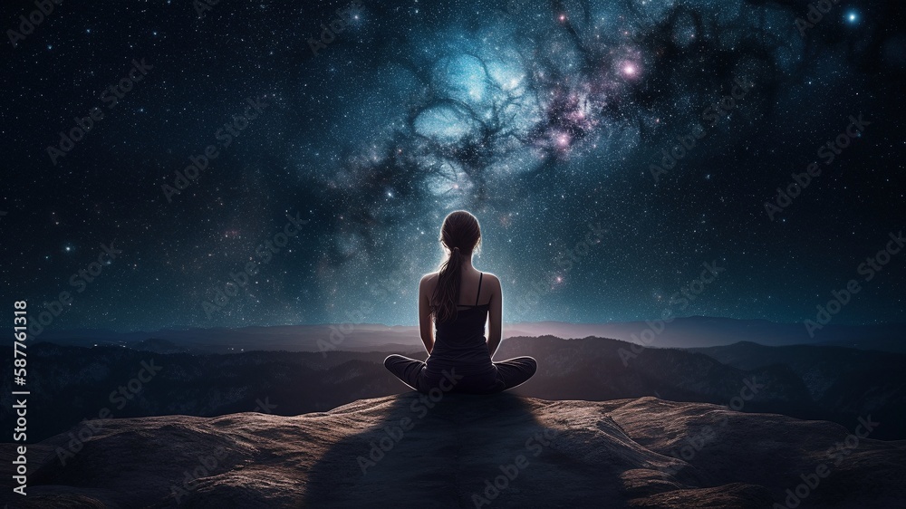 Celestial Yoga Woman in Lotus Pose with Night Sky and Stars, Generative AI