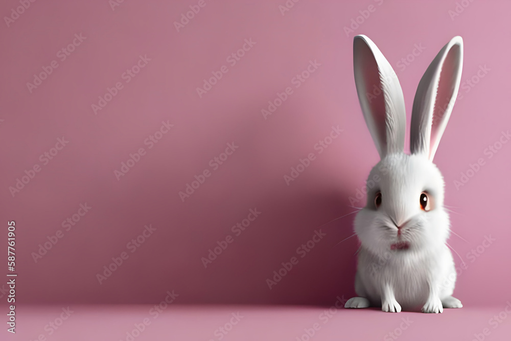 white rabbit on pink background, Cute calm easter bunny  3d character. Closeup of a Cartoon rabbit in pink colour with big eyes. 3d render illustration. Generative AI art. Farm animals set. Copy space