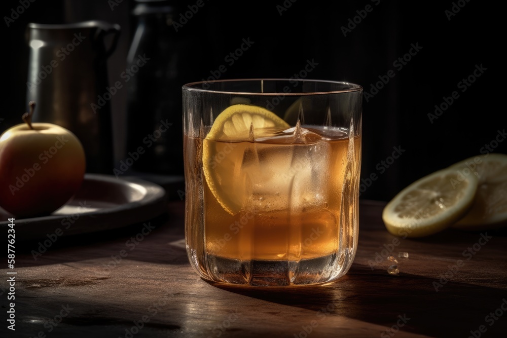 Glass Of Iced Apple Cider With A Lemon Wheel. Generative AI Glass Of Iced Apple Cider With A Lemon Wheel. Generative AI
