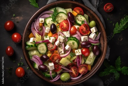 Greek Salad Vegetarian, Top View. Generative AI