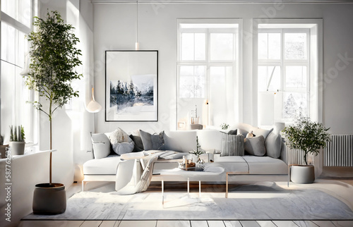 Spacious modern bright Scandinavian living room concept. 
