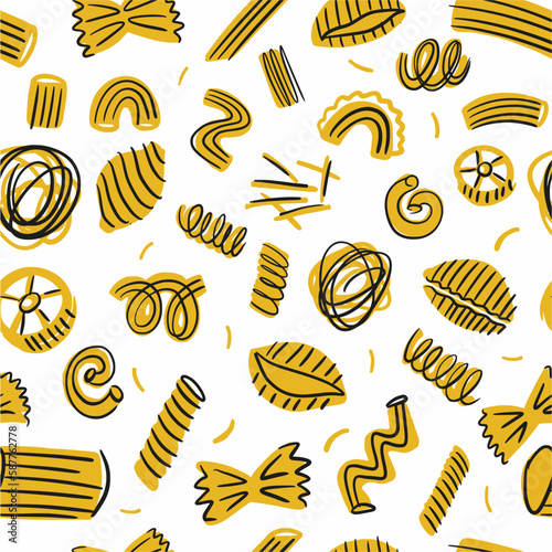 Vector pattern of various pasta hand-drawn in doodle style