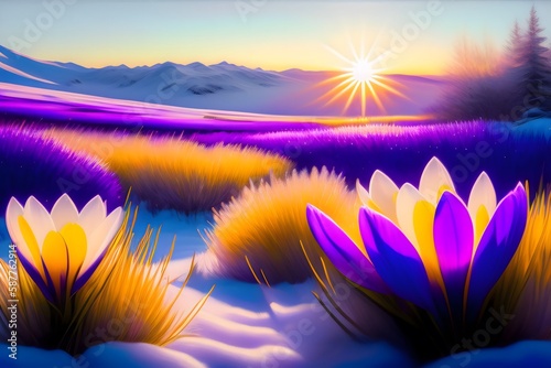 Graphic representation of The Resilience of Spring: Crocus Growing Through The Snow. Generative AI.  © Leandro