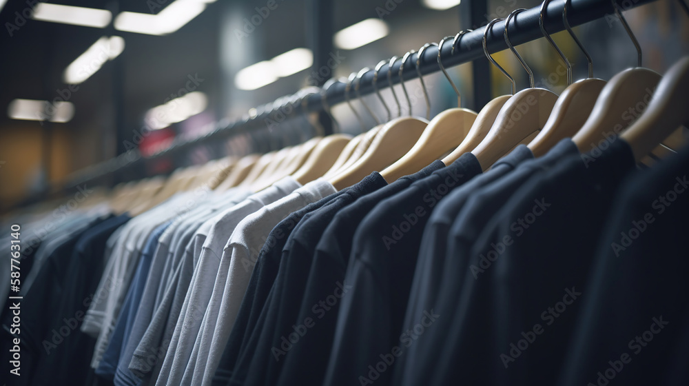Fototapeta premium Clothes on hangers in shop for sale. Generative Ai