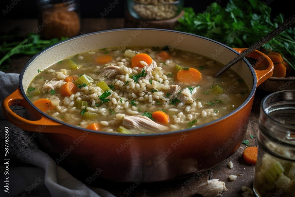 Pot Of Chicken And Barley Soup. Generative AI