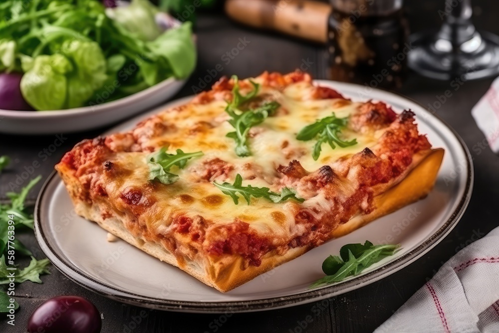 Sicilian Pizza On A White Plate, Top View. Generative AI
