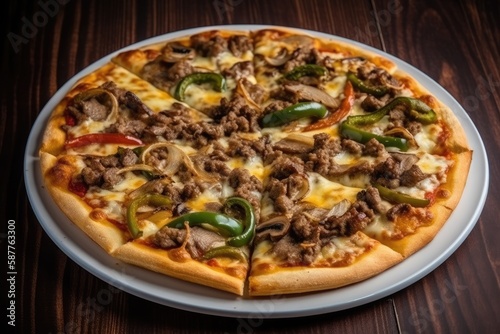 Philly Cheesesteak Pizza On A White Plate, Top View. Generative AI