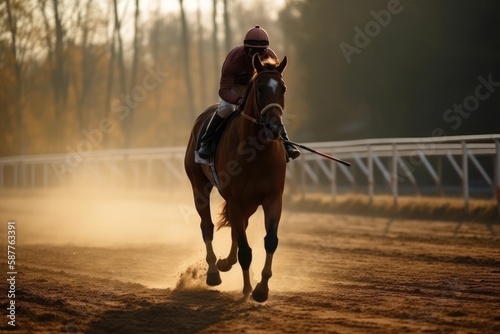 Racehorse Gallops Quickly With The Rider And Comes First To The Finish Line Back View. Generative AI photo