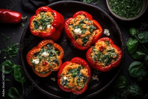 Spinach And Feta Stuffed Peppers Vegetarian, Top View. Generative AI photo