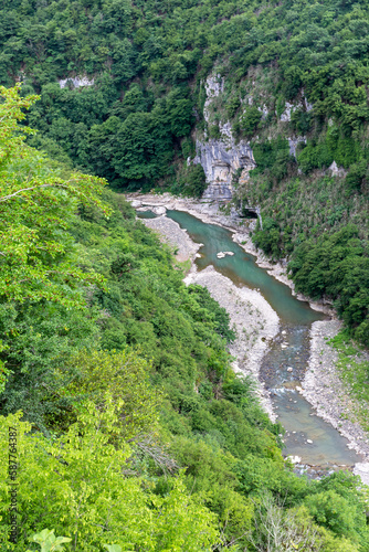 Ckalcitela (Tskaltsitela) river gorge (Red Water, Red River) at the foot of the Motsameta monastery, a tributary of the Rioni river, among green lush forests, Imereti Region, Georgia.