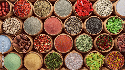 Spices in a 3d illustration in clay pots top down view with nice lighting. Good background texture. Different types of pepper, paprika and other flavorings