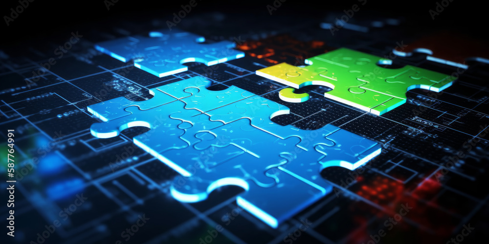 Obraz premium Logic puzzle collaboration using a virtual cyberspace network and binary code. Generative AI