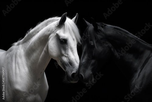 White Horse And Black Horse Kissing on a black background. Generative AI