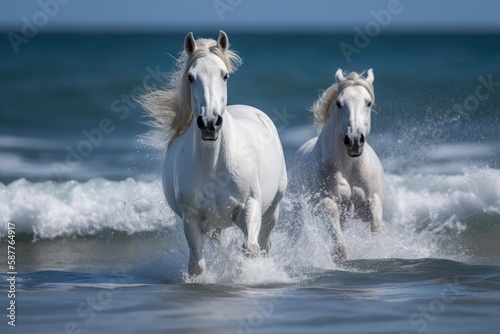 White Horse And Cub Running Along The Sea. Generative AI