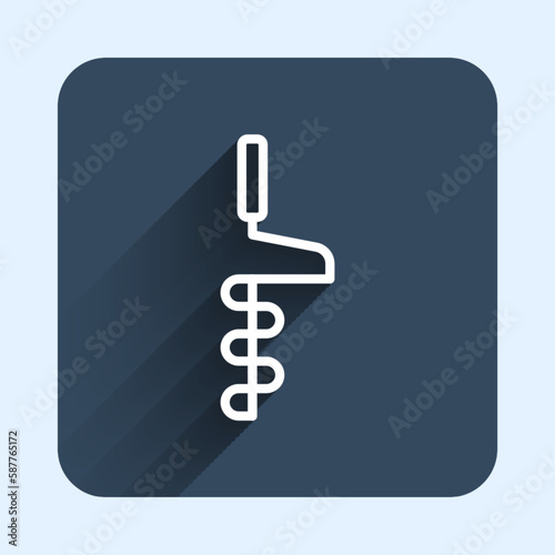 White line Hand ice drill for winter fishing icon isolated with long shadow background. Blue square button. Vector