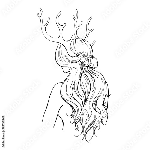 Graphic drawing by hand Image of a naked girl with deer antlers. For website design, business cards, hairdresser, labels for hair care products. Vector collection of HAIR JEWELRY. Magic. Vector illust