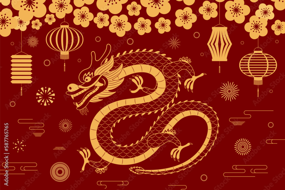 Obraz premium 2024 Lunar New Year dragon, fireworks, lanterns, plum blossoms, Chinese text Happy New Year. Vector illustration. Line art. Asian style design. Concept for holiday card, banner, poster, decor element