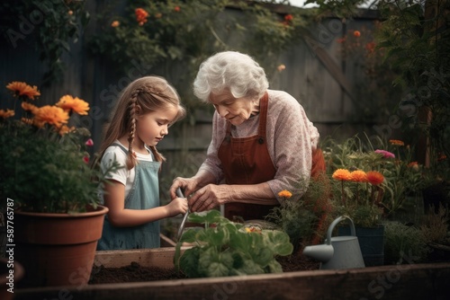 Gardening, family and people concept. Girl is gardening with her grandmother in the flower garden. Summer with family