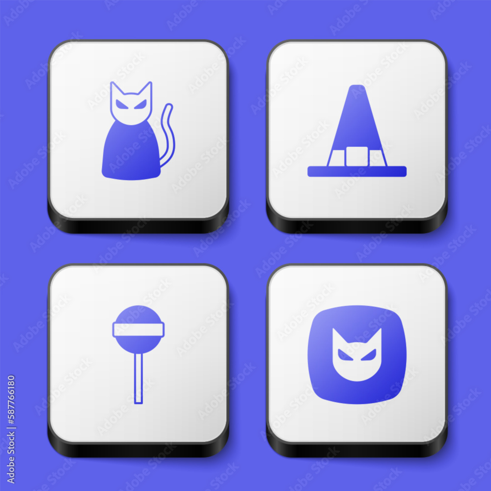 Set Black cat, Witch hat, Lollipop and icon. White square button. Vector Set Black cat, Witch hat, Lollipop and icon. White square button. Vector