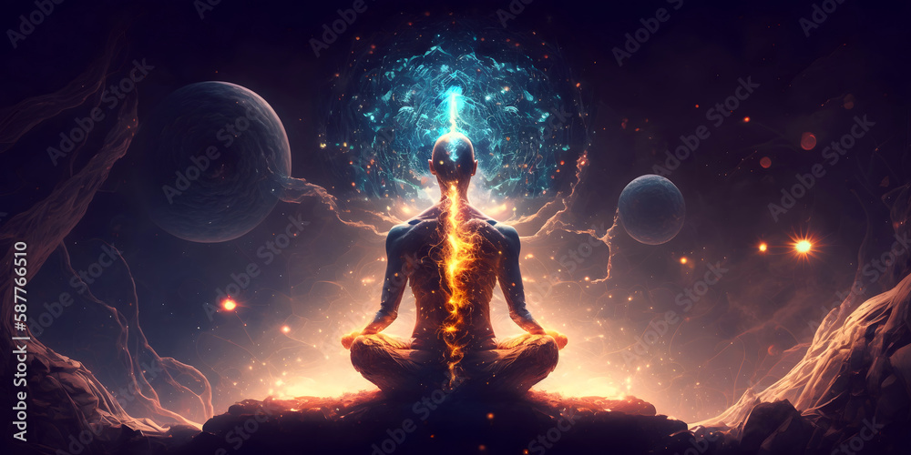 Astral yoga silhouette of human in cosmic space meditate. Back view man practicing transcendental spiritual meditation. Generation AI - obrazy, fototapety, plakaty 