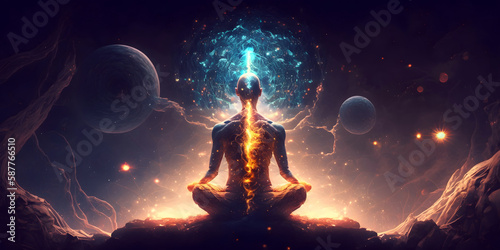 Astral yoga silhouette of human in cosmic space meditate. Back view man practicing transcendental spiritual meditation. Generation AI