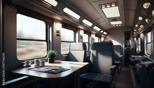 luxury interior in private modern business train railway and sunlight in window. Generation AI