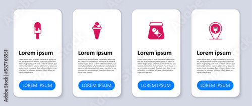 Set Cafe and restaurant location, Online ordering fish, Ice cream waffle and . Business infographic template. Vector