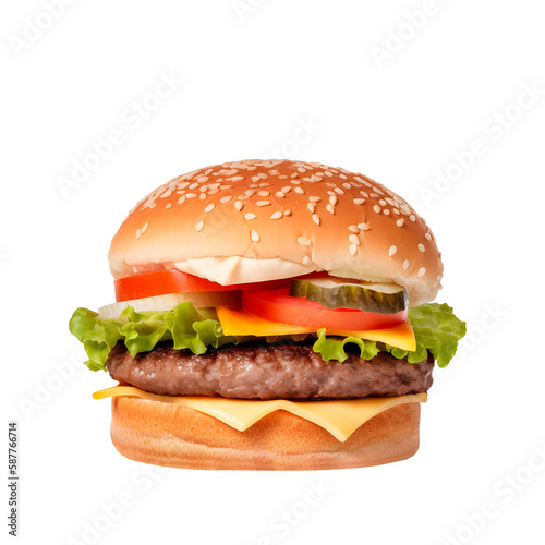 Delicious hamburger with cheese and salad.  isolated on transparent background. Generative AI