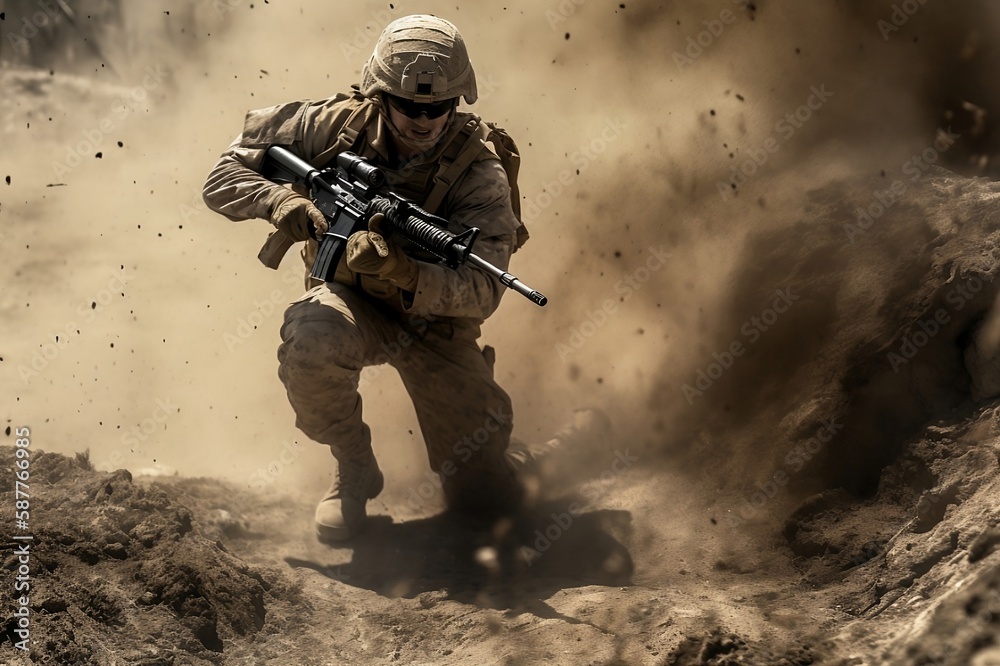 Action shot of a military soldier with a rifle Action shot of a military soldier with a rifle