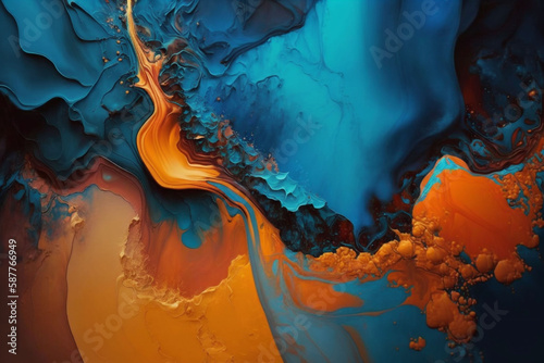 Contemporary Abstract Paint Swirls Background in Beautiful blue orange teal ink paint cloud alcohol drip liquid flow wave abstract splatter color marble background wallpaper generative ai