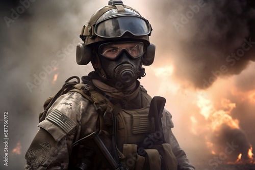 A striking portrait of a soldier standing at attention amidst a chaotic warzone