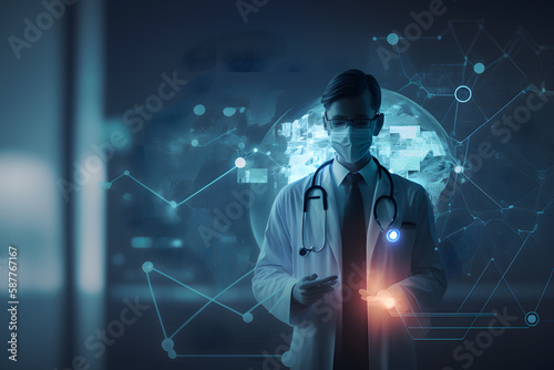 Healthcare and medical concept. Medicine doctor with stethoscope in hand with icon medical network and patients come to the hospital background made with Generative AI