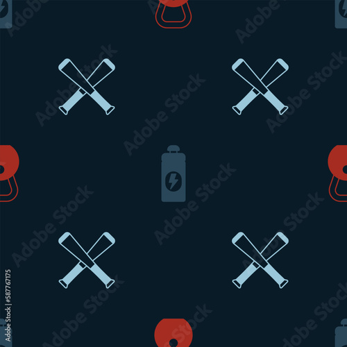Set Weight, Fitness shaker and Crossed baseball bat on seamless pattern. Vector