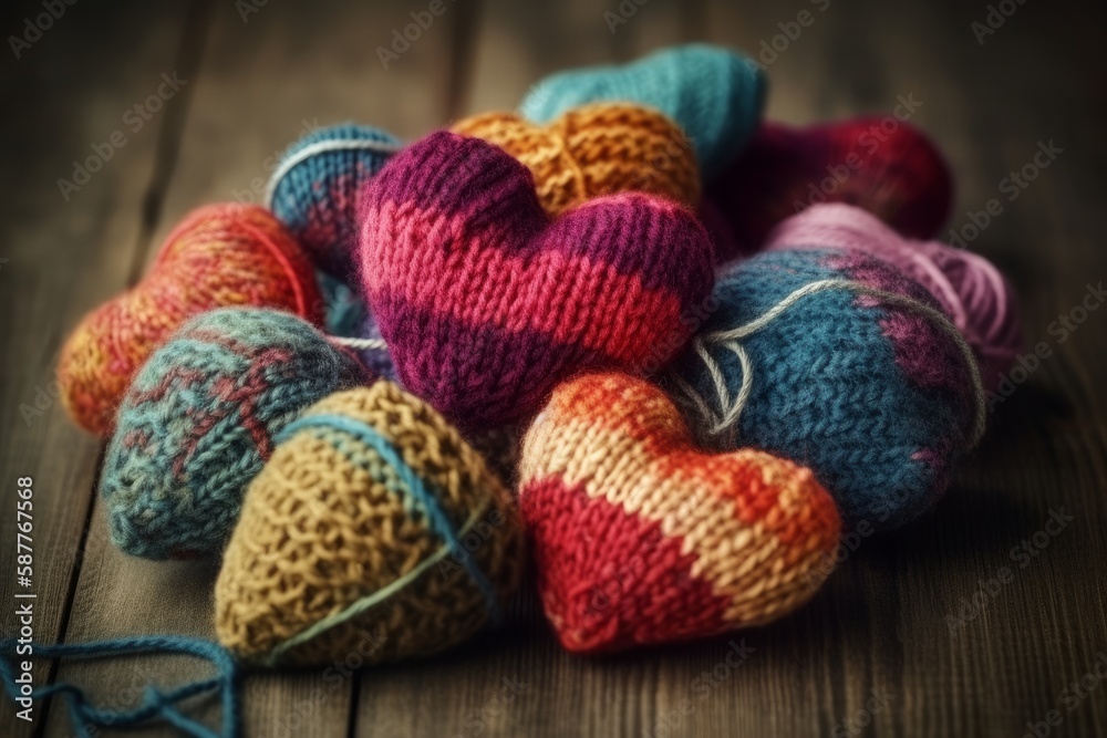 Colorful knitted hearts made of wool. Generative AI Colorful knitted hearts made of wool. Generative AI