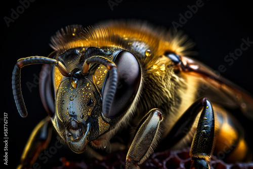 Very close and detailed macro portrait of a bee covered in nectar and honey against a dark background. Generative ai