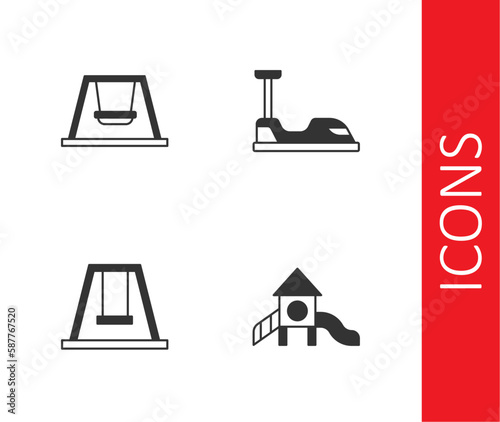 Set Slide playground, Swing for kids, and Bumper car icon. Vector