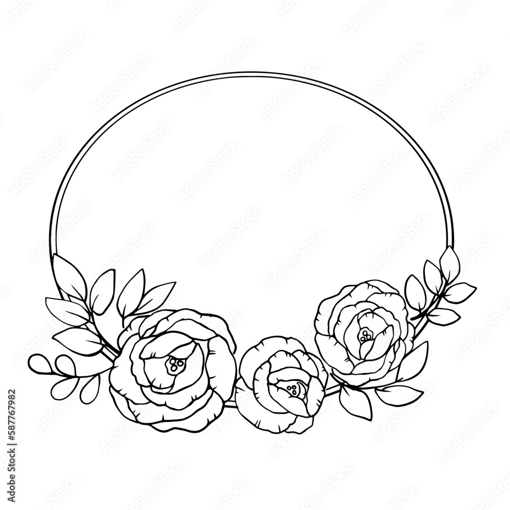 Vector graphics. Linear freehand drawing of a frame of roses. From the