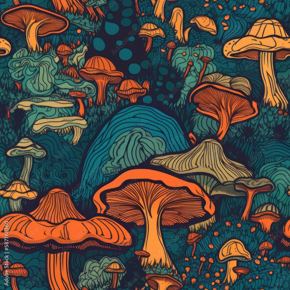 Magic Mushrooms Digital Paper, psychedelic clipart, psychedelic digital paper. Seamless texture, psilocybin pattern, acid trip pattern.