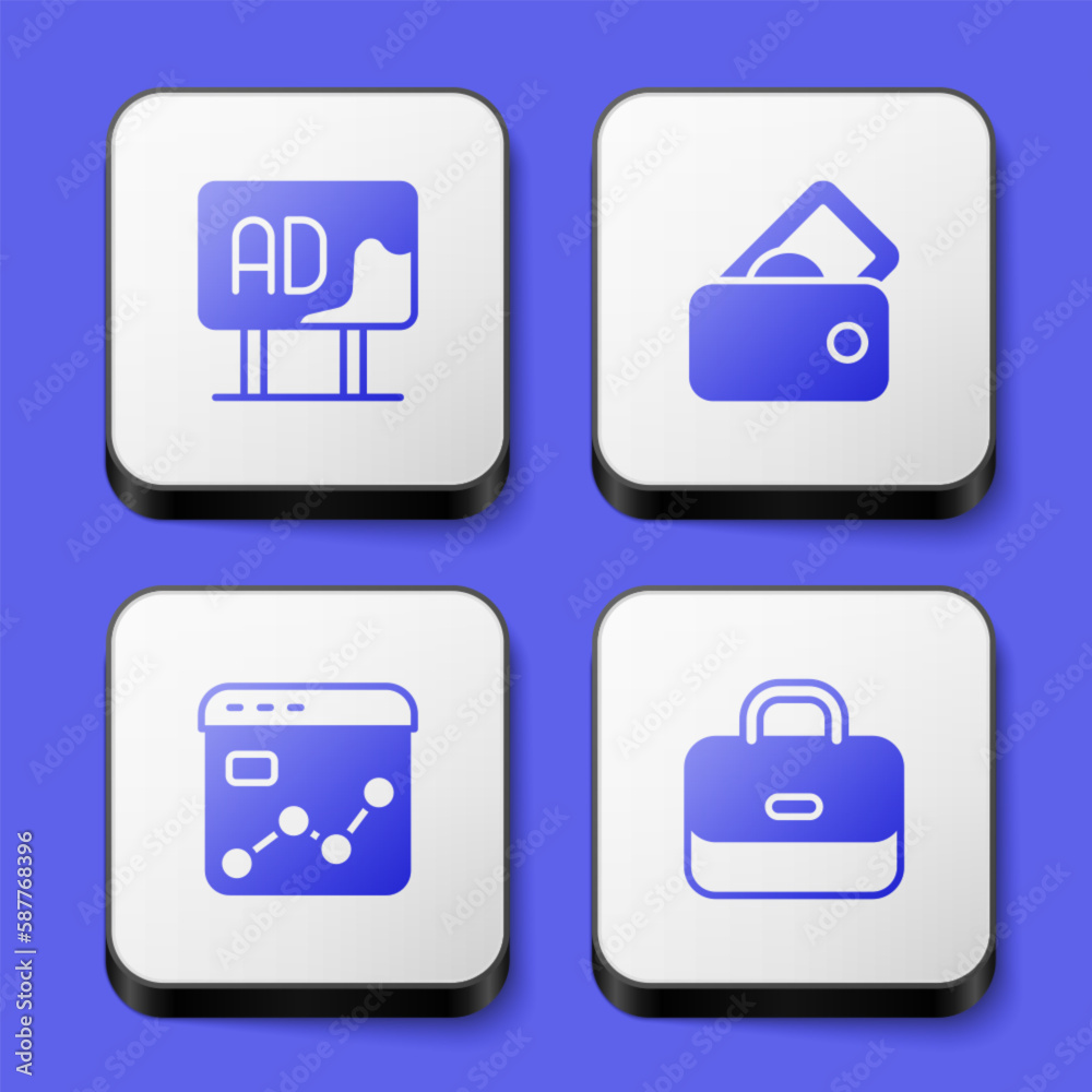 Set Advertising, Wallet with money, Market analysis and Briefcase icon. White square button. Vector Set Advertising, Wallet with money, Market analysis and Briefcase icon. White square button. Vector