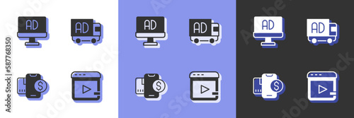 Set Video advertising, Advertising, Mobile with dollar and on truck icon. Vector © Iryna