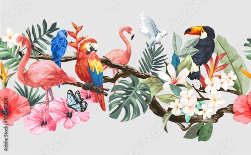 seamless horizontal colorful exotic animals and flowers vector illustration