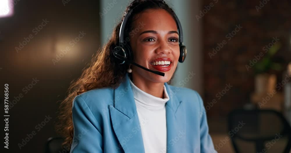 Businesswoman, call center and consulting at night with headphones on computer in customer service or support. Happy woman consultant agent working late talking on PC for online advice at workplace