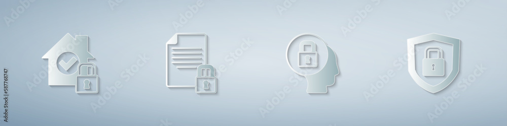 Set House under protection, Document and lock, Lock and Shield security with. Paper art style. Vector Set House under protection, Document and lock, Lock and Shield security with. Paper art style. Vector