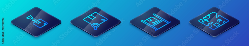 Set Isometric line Warehouse interior with boxes, Crane cardboard, Broken and Search package icon. Vector