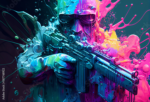 Close-up of a man holding a rifle. Sci-fi soldier in vibrant colors. Generative AI.