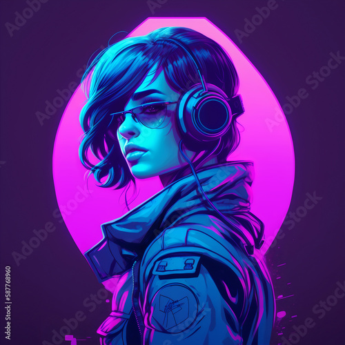 Cyberpunk style woman in headphones and glasses on a neon-blue baclground. Generative AI