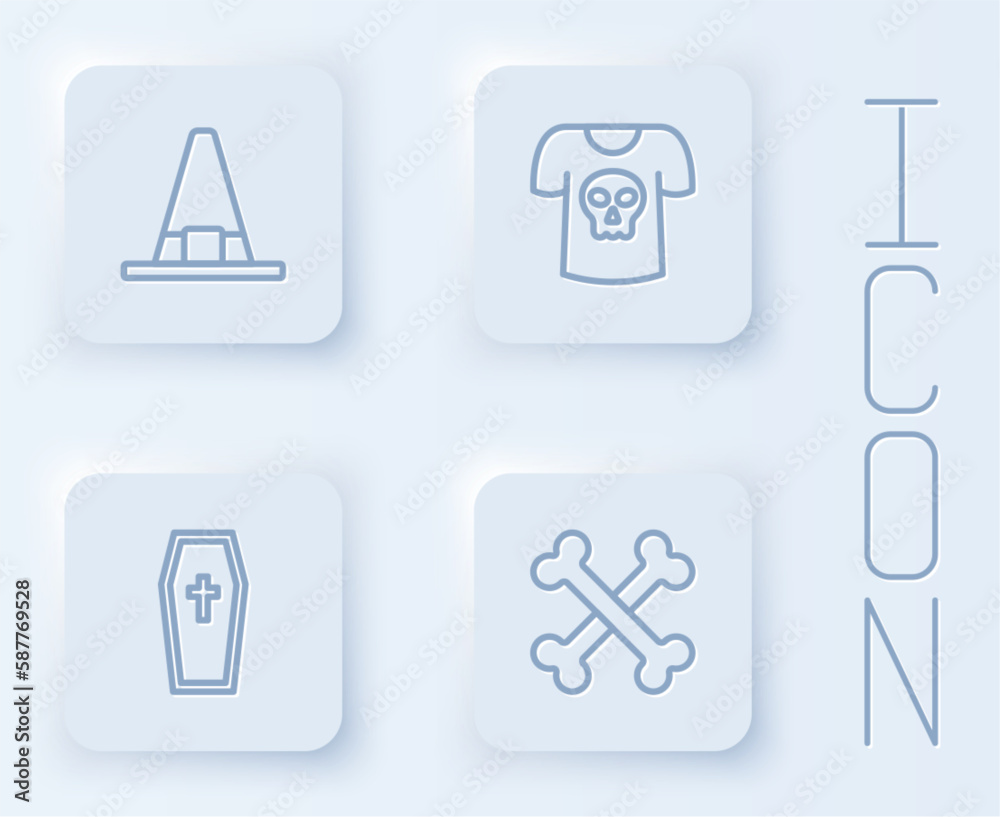 Set line Witch hat, Shirt with skull, Coffin christian cross and Crossed bones. White square button. Vector